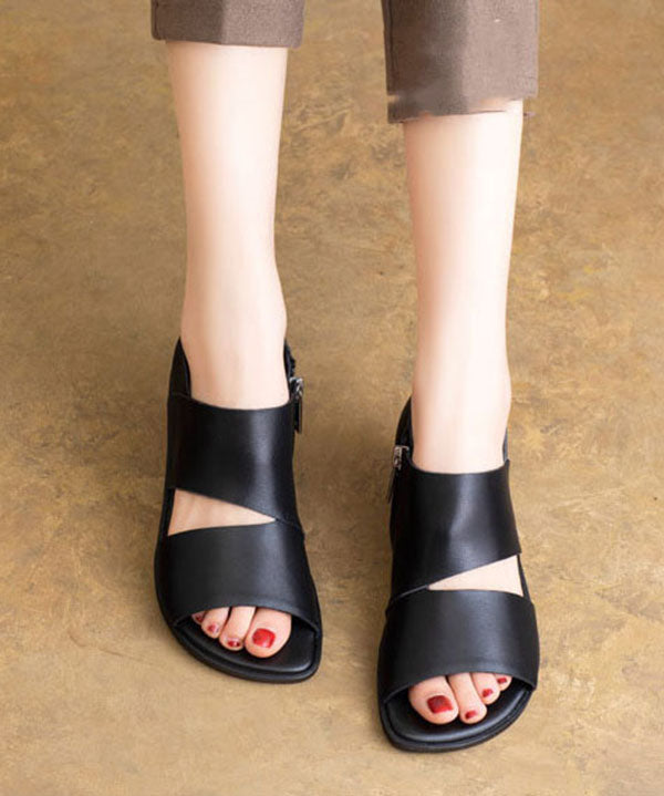 Plus Size Hollow Out Sandals Black Cowhide Leather LC0508 - fabuloryshop