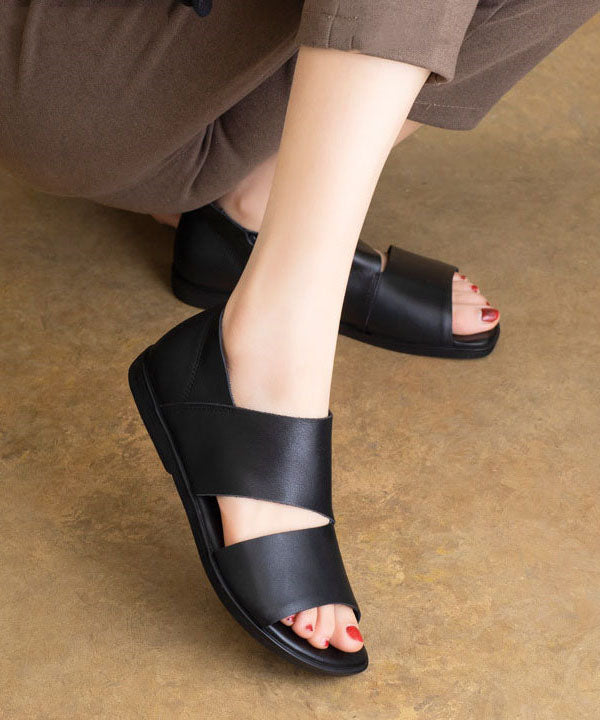 Plus Size Hollow Out Sandals Black Cowhide Leather LC0508 - fabuloryshop