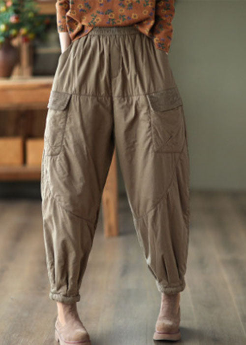 Plus Size Khaki Elastic Waist Patchwork Fine Cotton Filled Harem Pants Winter TG1040 - fabuloryshop