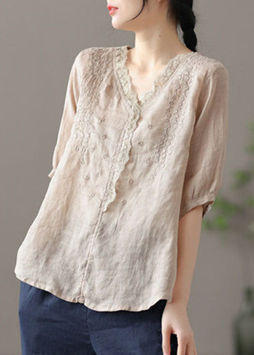 Plus Size Khaki Embroideried Lace Patchwork Linen Shirt Half Sleeve TG1044 - fabuloryshop