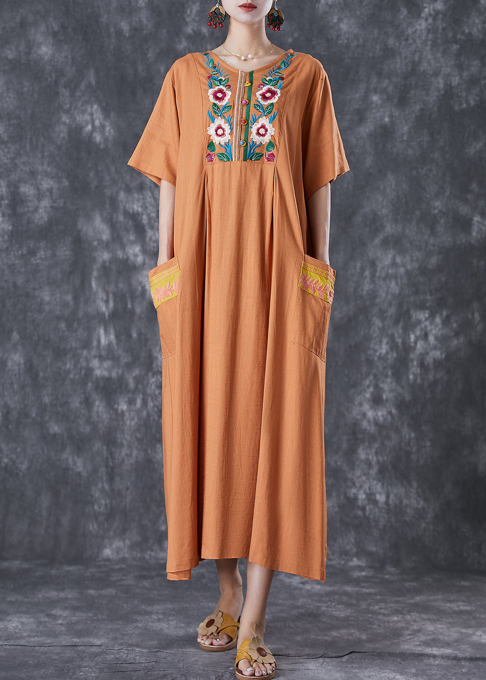 Plus Size Khaki Embroideried Linen Maxi Dress Summer Ada Fashion