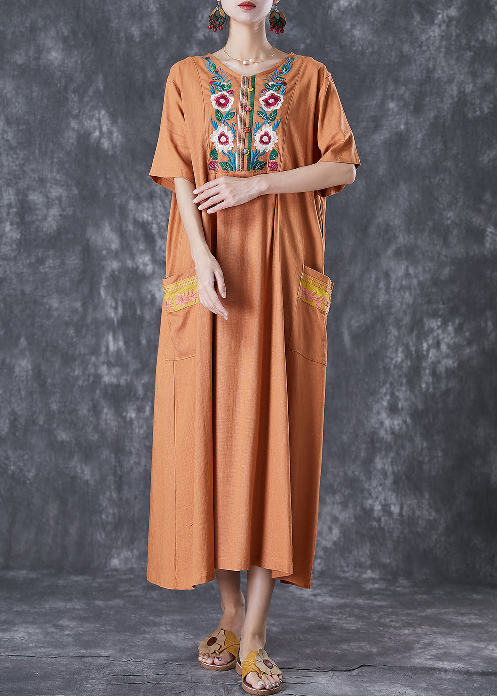 Plus Size Khaki Embroideried Linen Maxi Dress Summer Ada Fashion