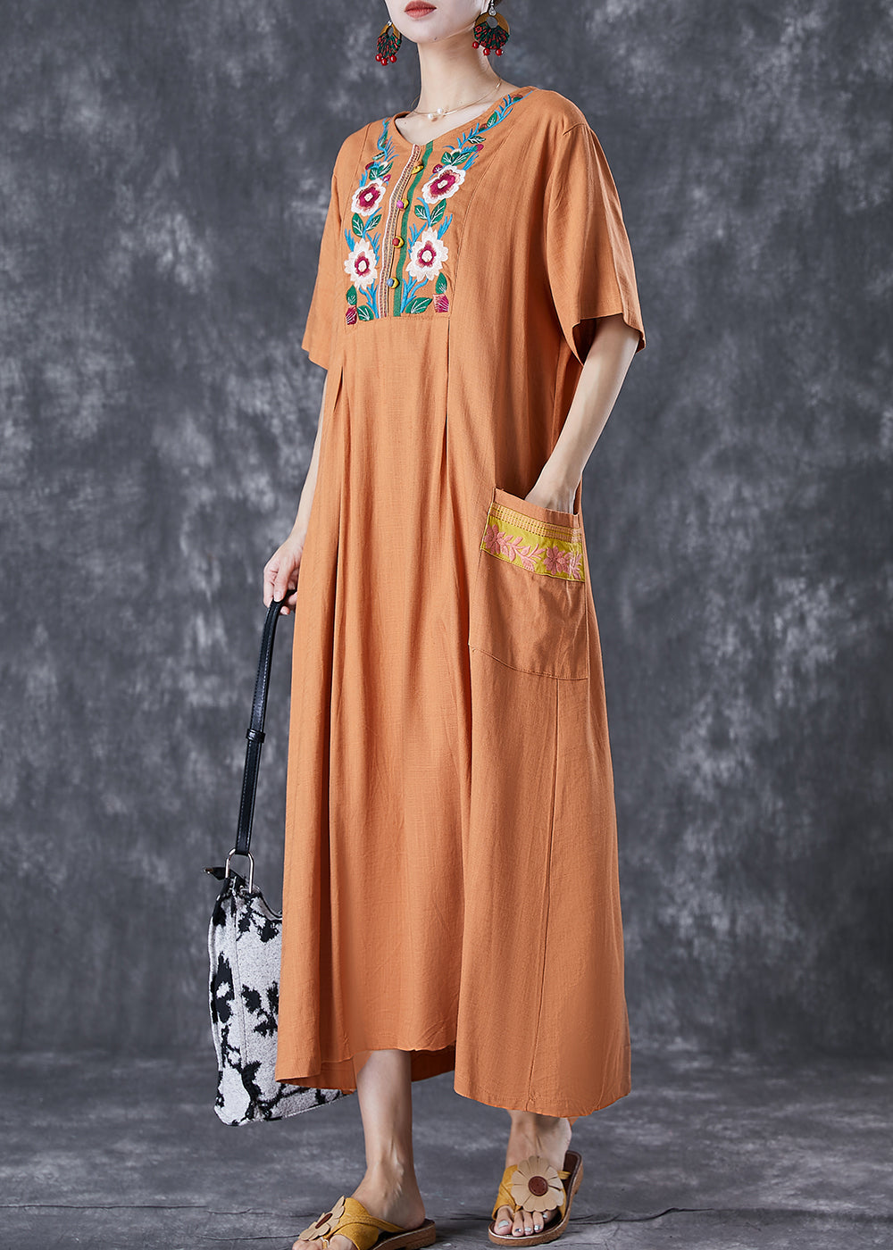 Plus Size Khaki Embroideried Linen Maxi Dress Summer Ada Fashion