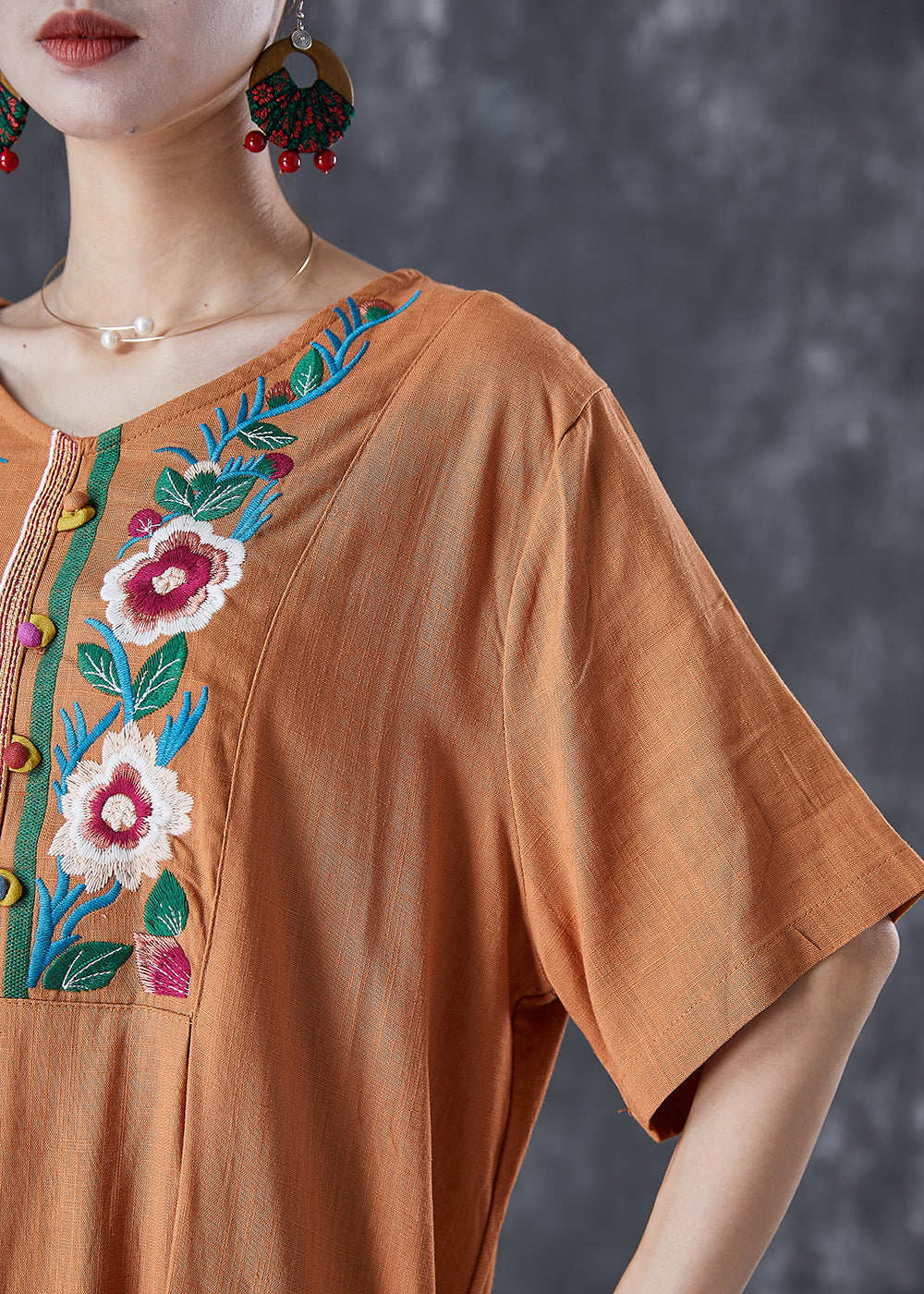 Plus Size Khaki Embroideried Linen Maxi Dress Summer Ada Fashion