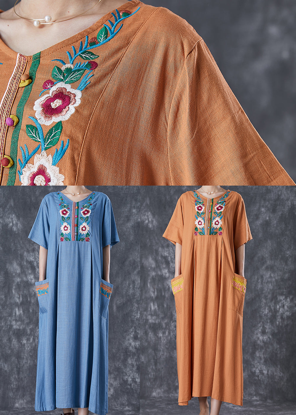 Plus Size Khaki Embroideried Linen Maxi Dress Summer Ada Fashion