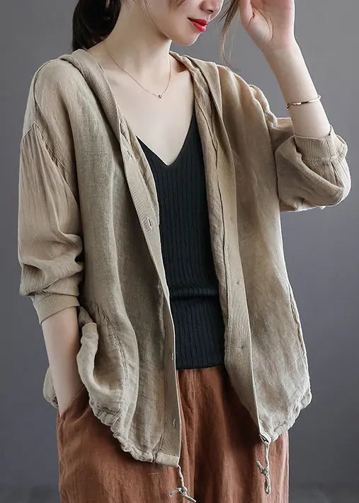 Plus Size Khaki Hooded Button Drawstring Cotton Coat Fall Ada Fashion