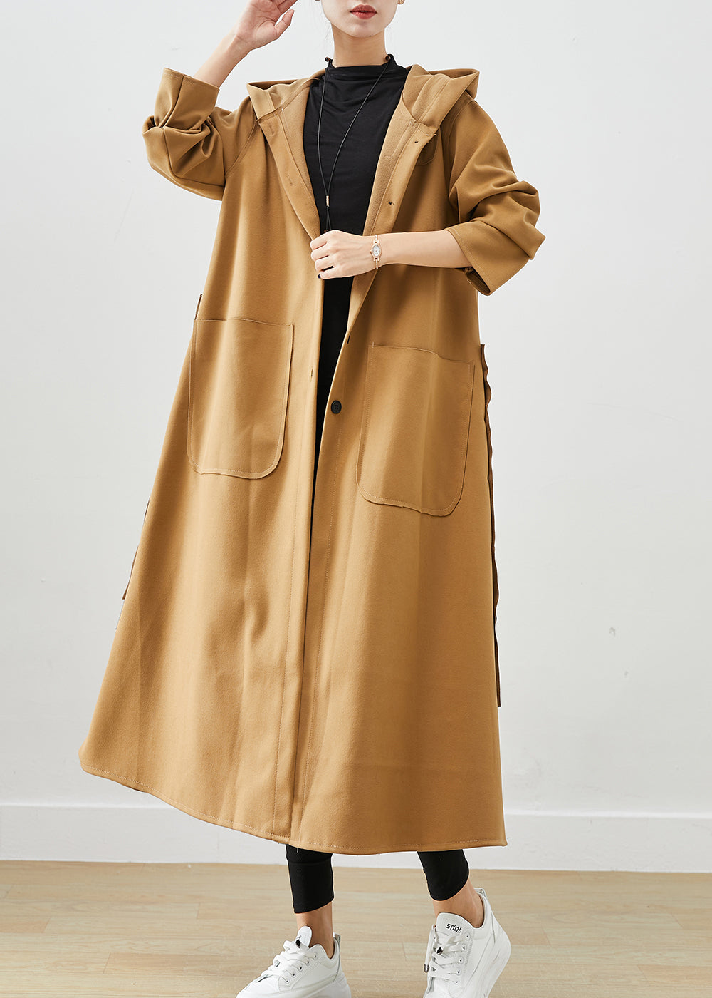 Plus Size Khaki Hooded Pockets Cotton Trench Fall Ada Fashion