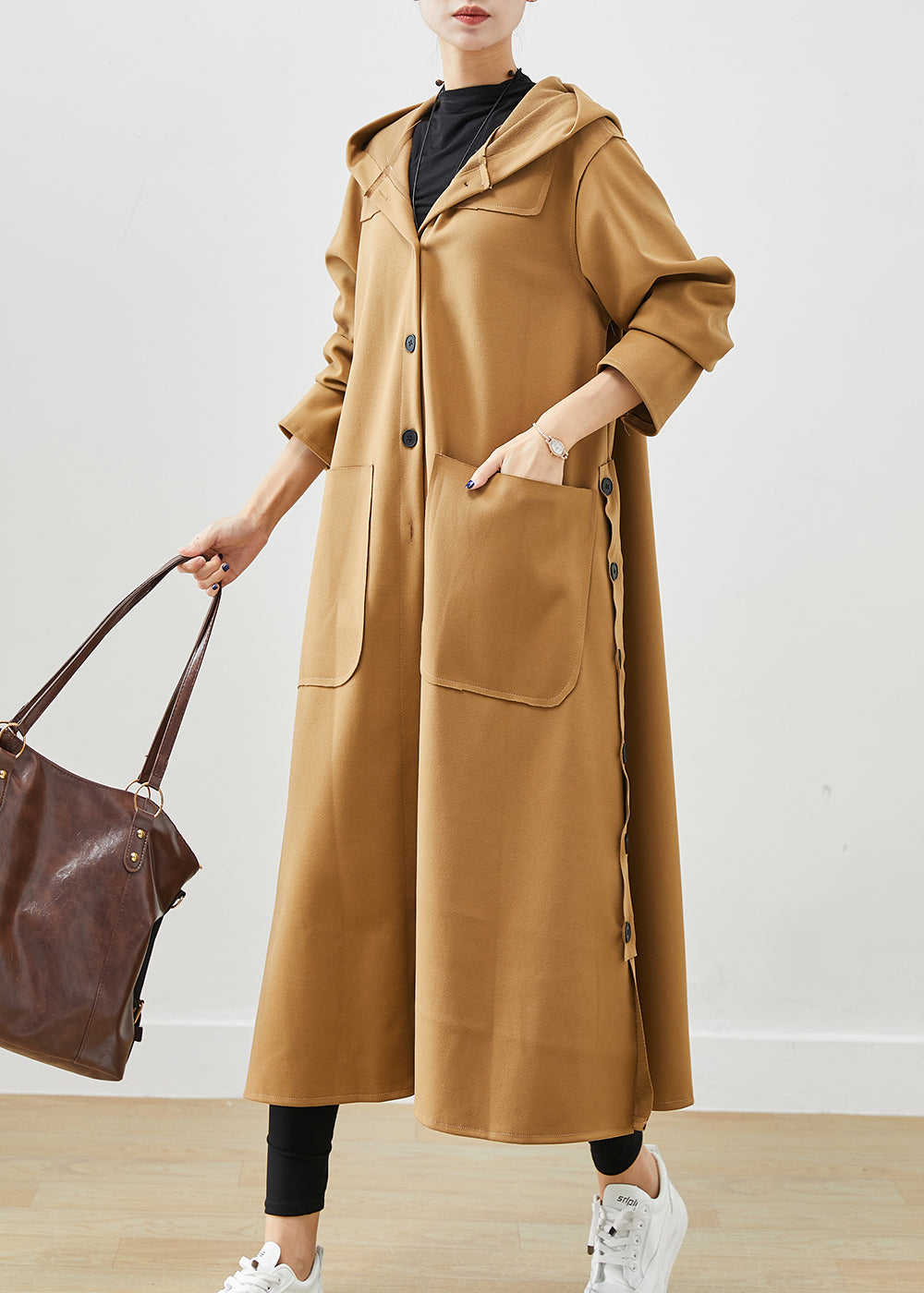 Plus Size Khaki Hooded Pockets Cotton Trench Fall Ada Fashion