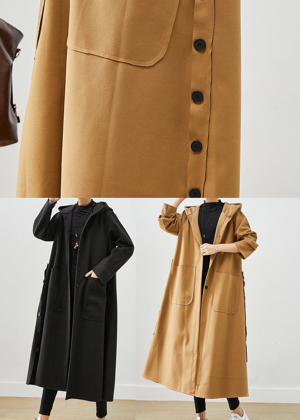 Plus Size Khaki Hooded Pockets Cotton Trench Fall Ada Fashion