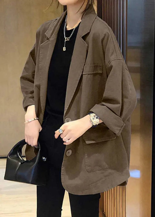 Plus Size Khaki Notched Pockets Patchwork Cotton Coats Fall Ada Fashion