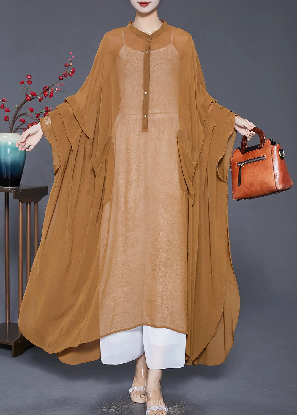 Plus Size Khaki Oversized Wrinkled Chiffon UPF 50+ Long Smock Summer Ada Fashion