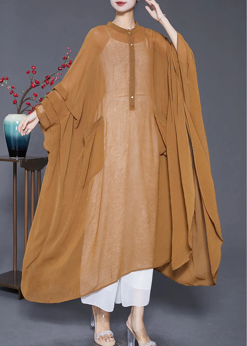 Plus Size Khaki Oversized Wrinkled Chiffon UPF 50+ Long Smock Summer Ada Fashion