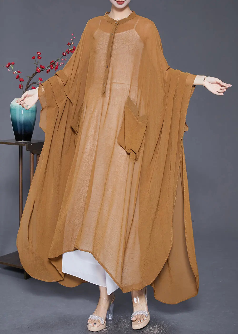 Plus Size Khaki Oversized Wrinkled Chiffon UPF 50+ Long Smock Summer Ada Fashion