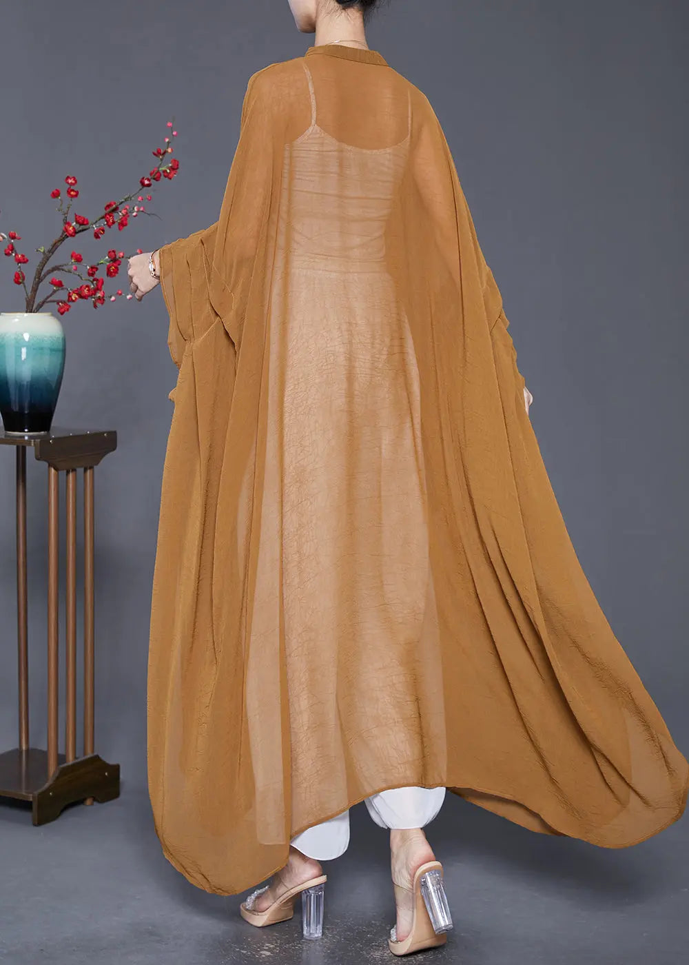 Plus Size Khaki Oversized Wrinkled Chiffon UPF 50+ Long Smock Summer Ada Fashion