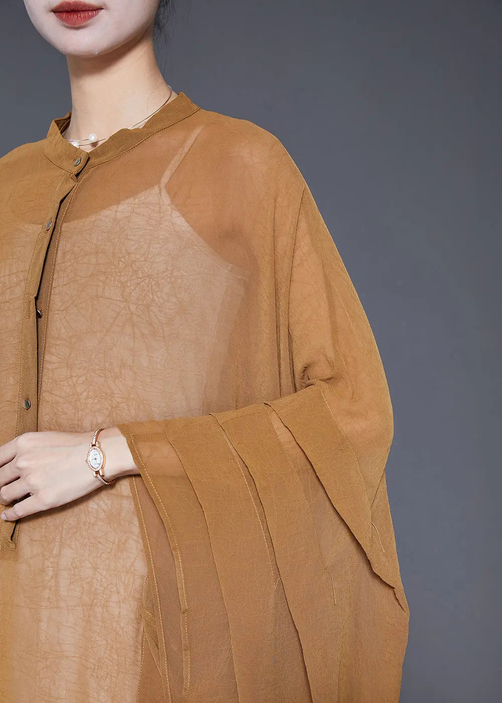 Plus Size Khaki Oversized Wrinkled Chiffon UPF 50+ Long Smock Summer Ada Fashion