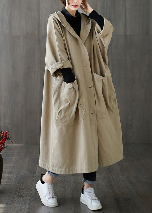 Plus Size Khaki Patchwork Button Long Hoodies Trench Coats Spring LY6033 - fabuloryshop