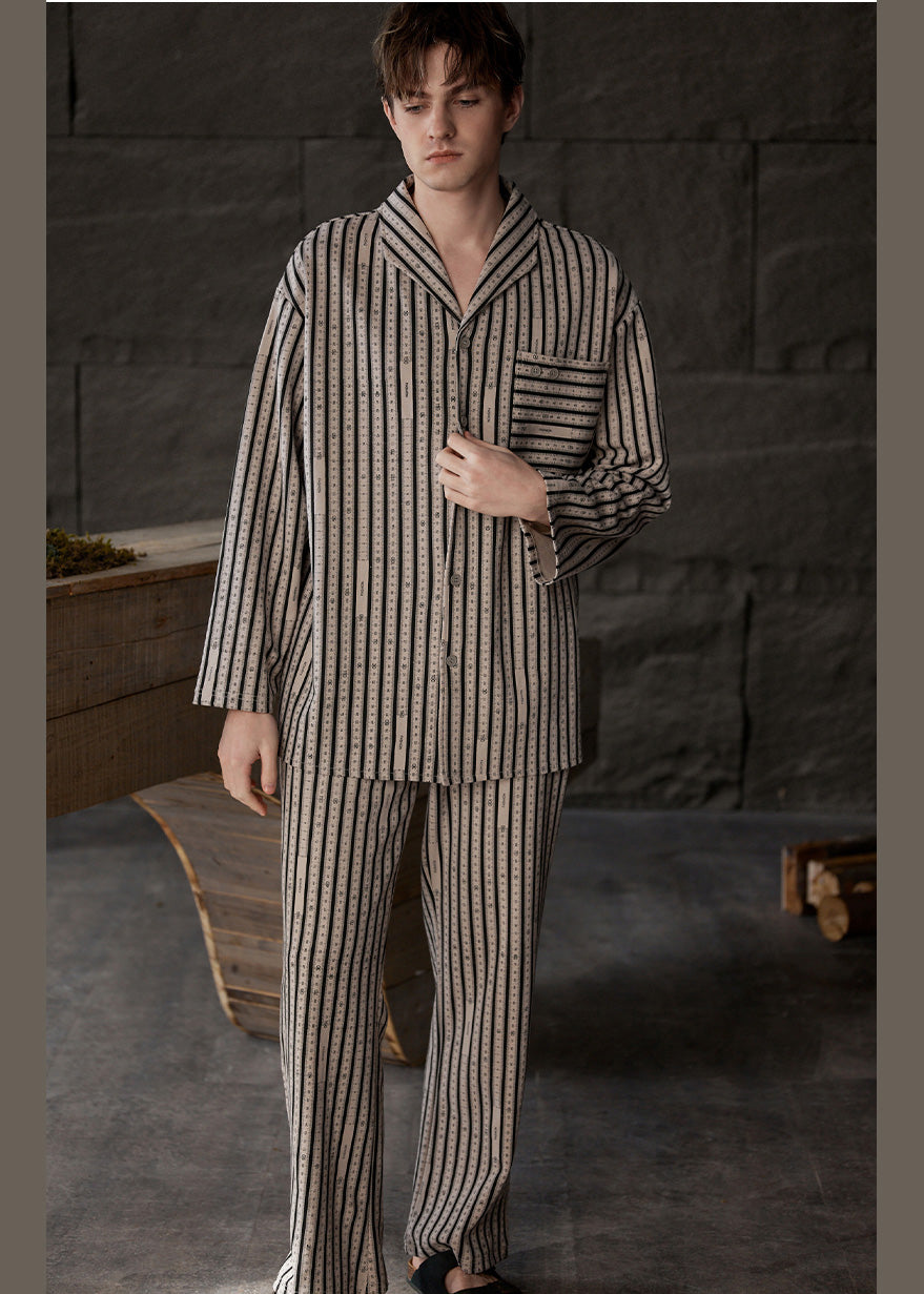 Plus Size Khaki Peter Pan Collar Striped Button Low High Design Cotton Pajamas Two Piece Set Spring TO1051 - fabuloryshop
