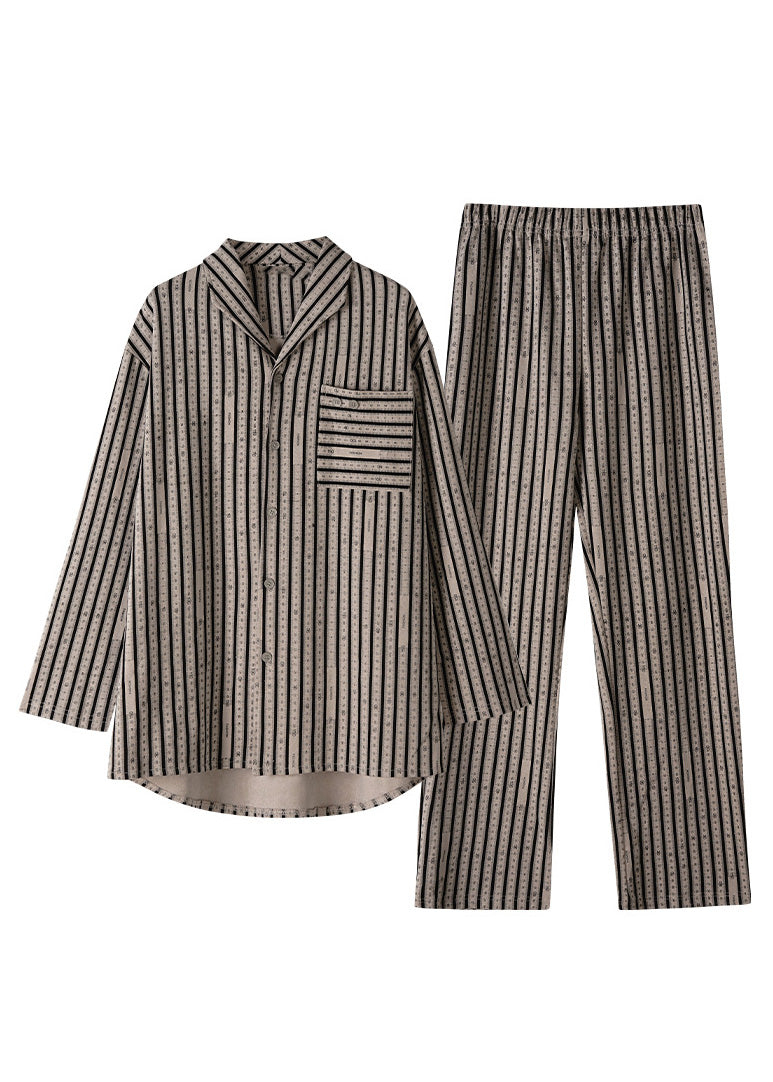 Plus Size Khaki Peter Pan Collar Striped Button Low High Design Cotton Pajamas Two Piece Set Spring TO1051 - fabuloryshop