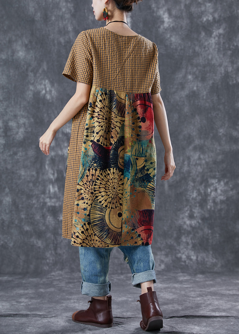 Plus Size Khaki Plaid Patchwork Print Linen Vacation Dresses Summer LY5657 - fabuloryshop