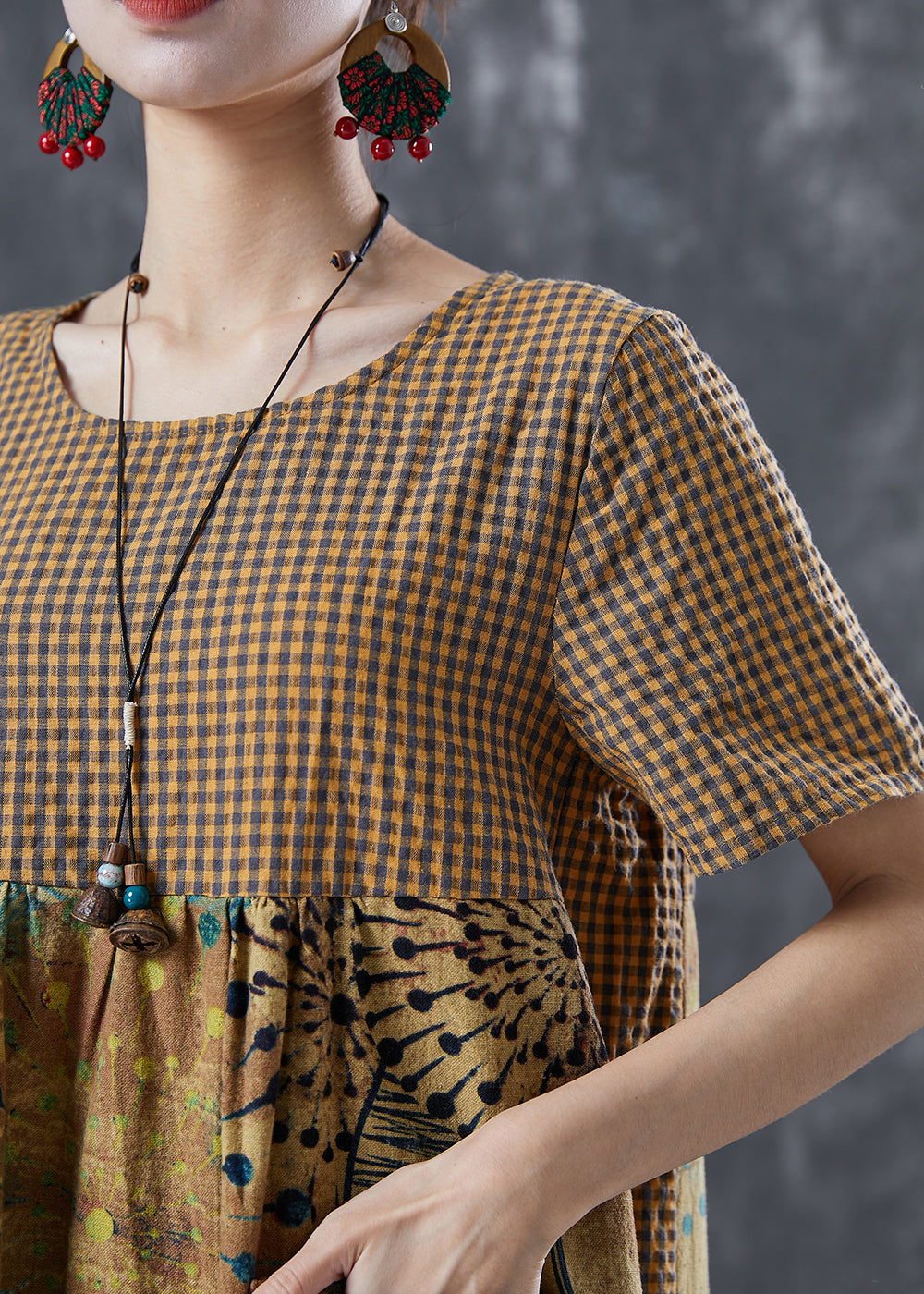 Plus Size Khaki Plaid Patchwork Print Linen Vacation Dresses Summer LY5657 - fabuloryshop