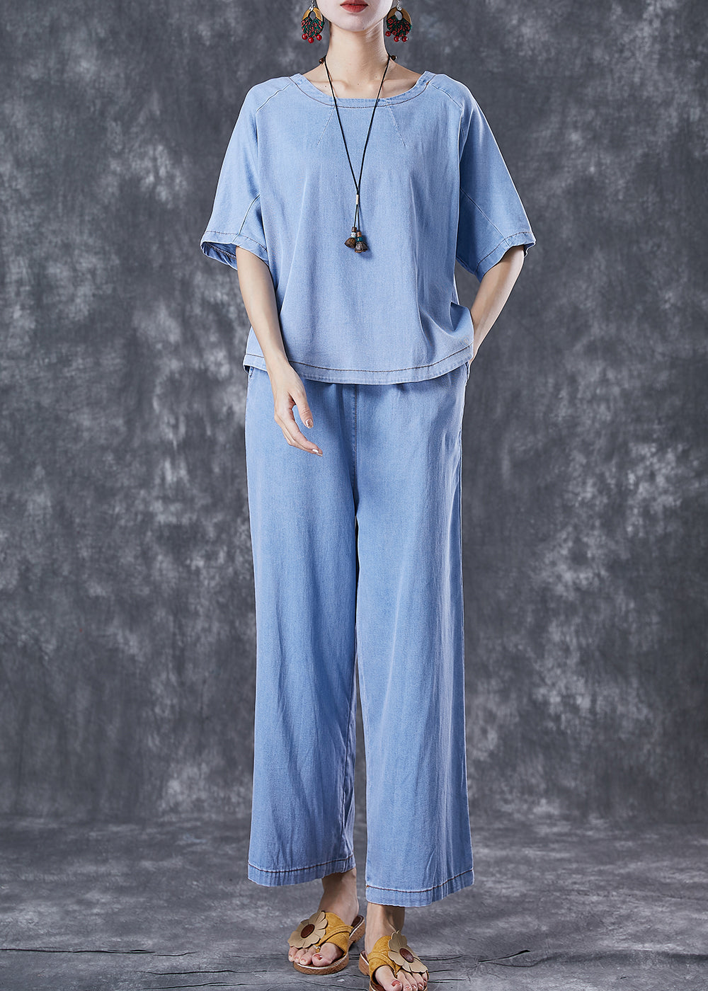 Plus Size Light Blue Oversized Draping Denim Two Piece Set Outfits Summer LY6756 - fabuloryshop