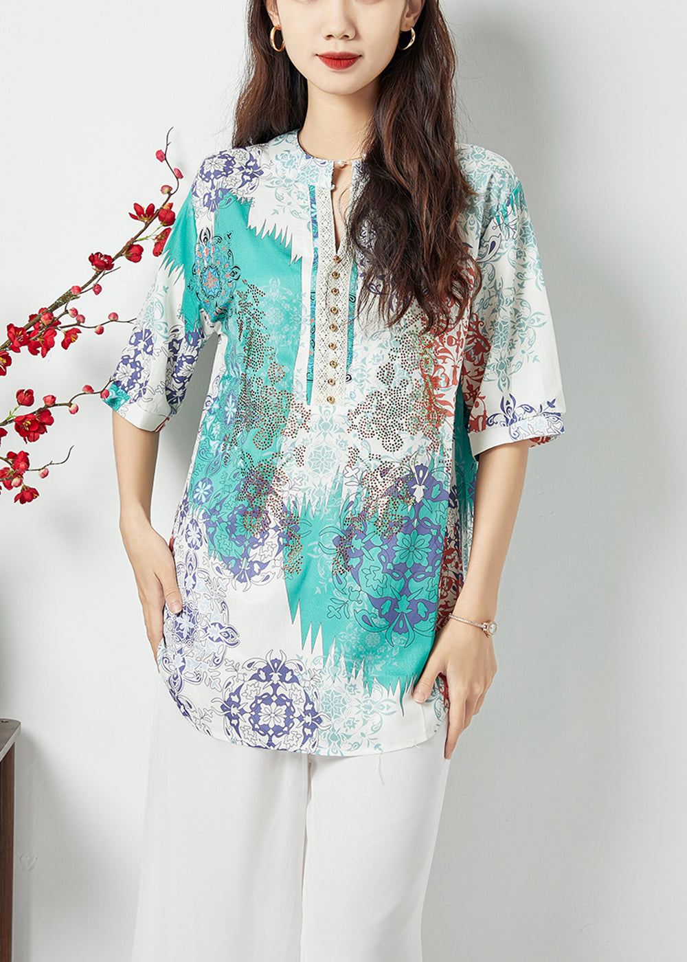 Plus Size Light Blue Oversized Print Nail Bead Shirt Tops Summer LC0397 - fabuloryshop