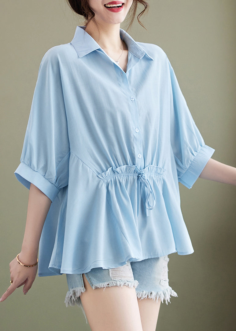 Plus Size Light Blue Peter Pan Collar Cinched Cotton Top Summer LY4920 - fabuloryshop