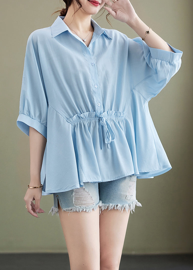 Plus Size Light Blue Peter Pan Collar Cinched Cotton Top Summer LY4920 - fabuloryshop