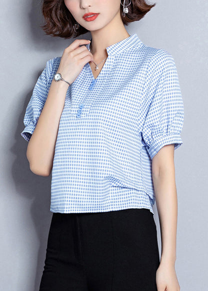 Plus Size Light Blue Plaid Button Chiffon Shirt Top Summer LY0415 - fabuloryshop