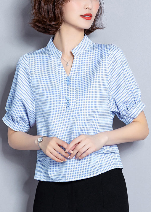 Plus Size Light Blue Plaid Button Chiffon Shirt Top Summer LY0415