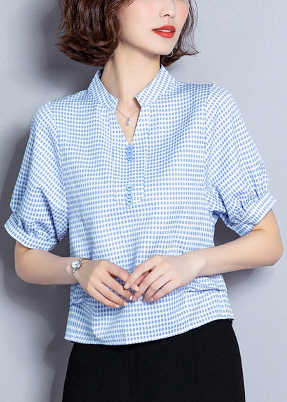 Plus Size Light Blue Plaid Button Chiffon Shirt Top Summer LY0415 - fabuloryshop