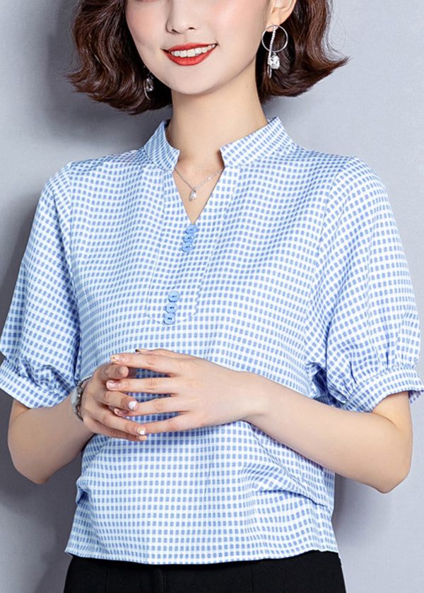 Plus Size Light Blue Plaid Button Chiffon Shirt Top Summer LY0415 - fabuloryshop