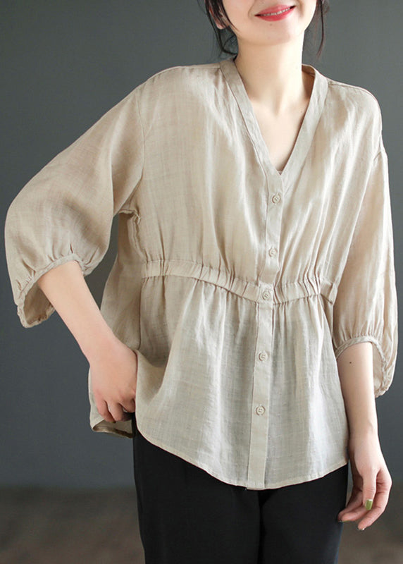 Plus Size Light Camel V Neck Button Linen Blouses Summer Ada Fashion