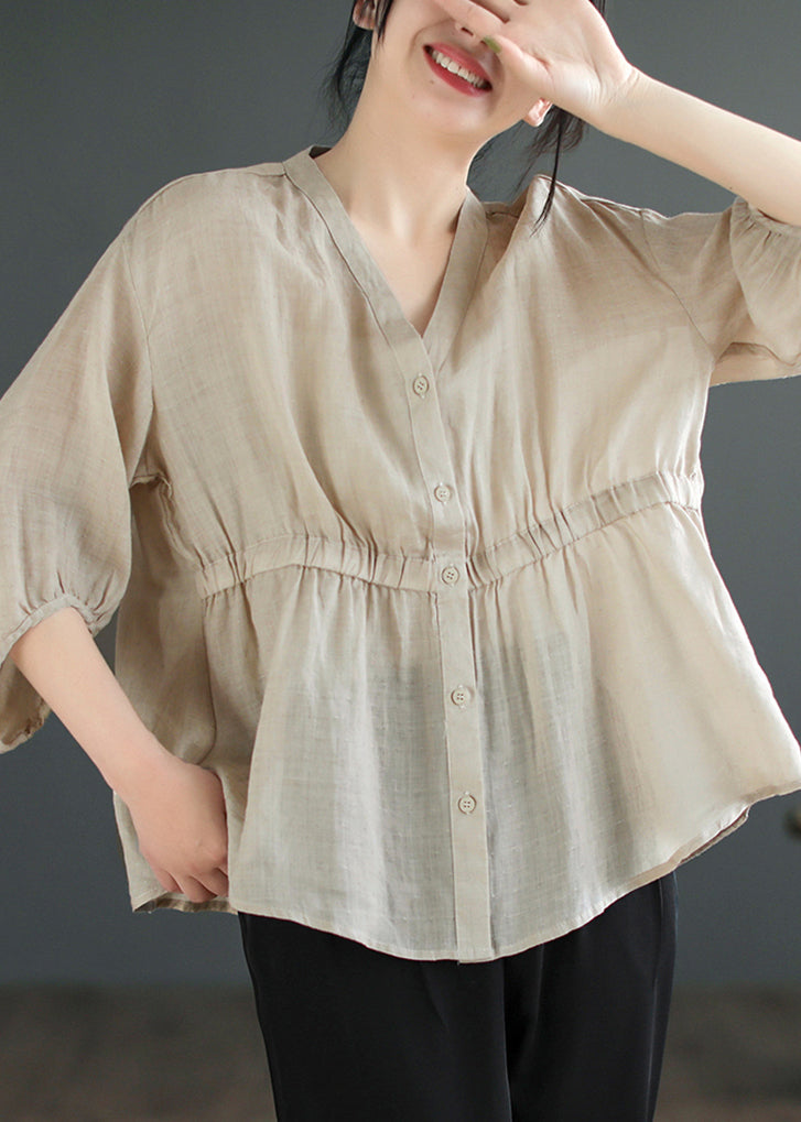 Plus Size Light Camel V Neck Button Linen Blouses Summer Ada Fashion