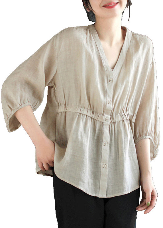 Plus Size Light Camel V Neck Button Linen Blouses Summer Ada Fashion