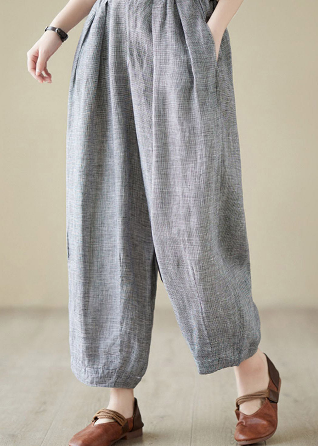 Plus Size Light Grey Elastic Waist Solid Linen Lantern Pants Summer LY4415 - fabuloryshop