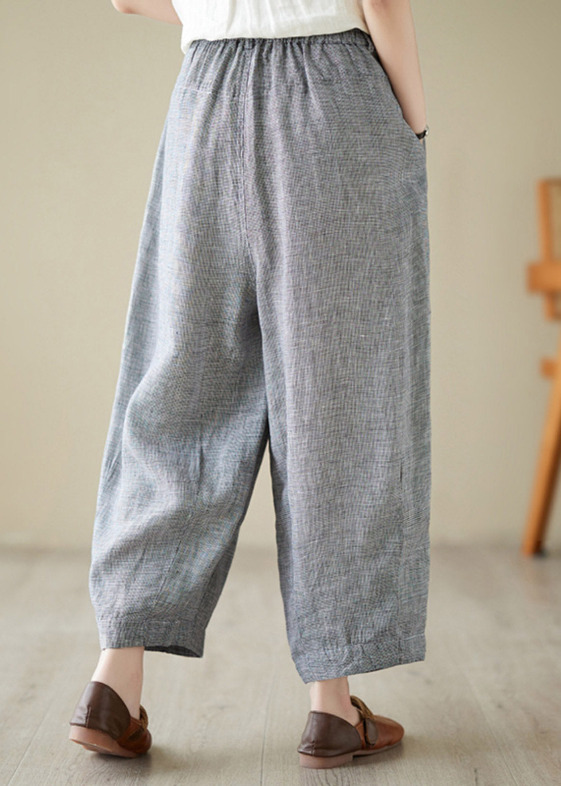 Plus Size Light Grey Elastic Waist Solid Linen Lantern Pants Summer LY4415 - fabuloryshop