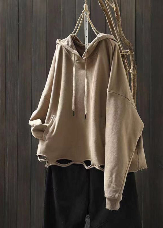 Plus Size Light Khaki Pockets Cotton Hooded Sweatshirts Top Fall Ada Fashion