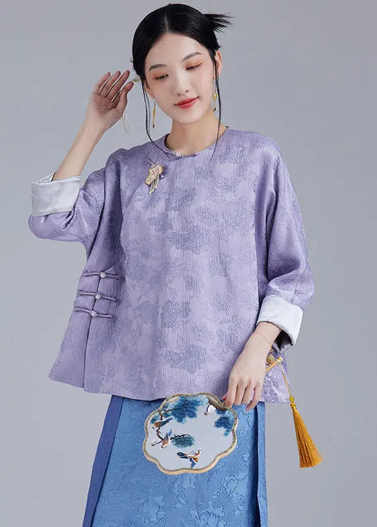 Plus Size Light Purple Embroidered Side Open Silk Top Fall Ada Fashion