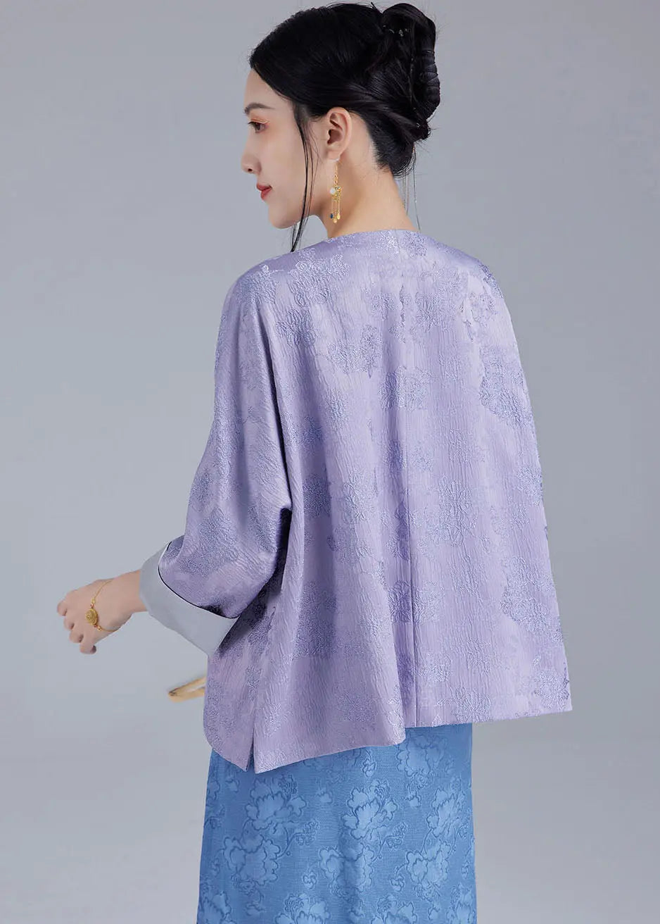 Plus Size Light Purple Embroidered Side Open Silk Top Fall Ada Fashion