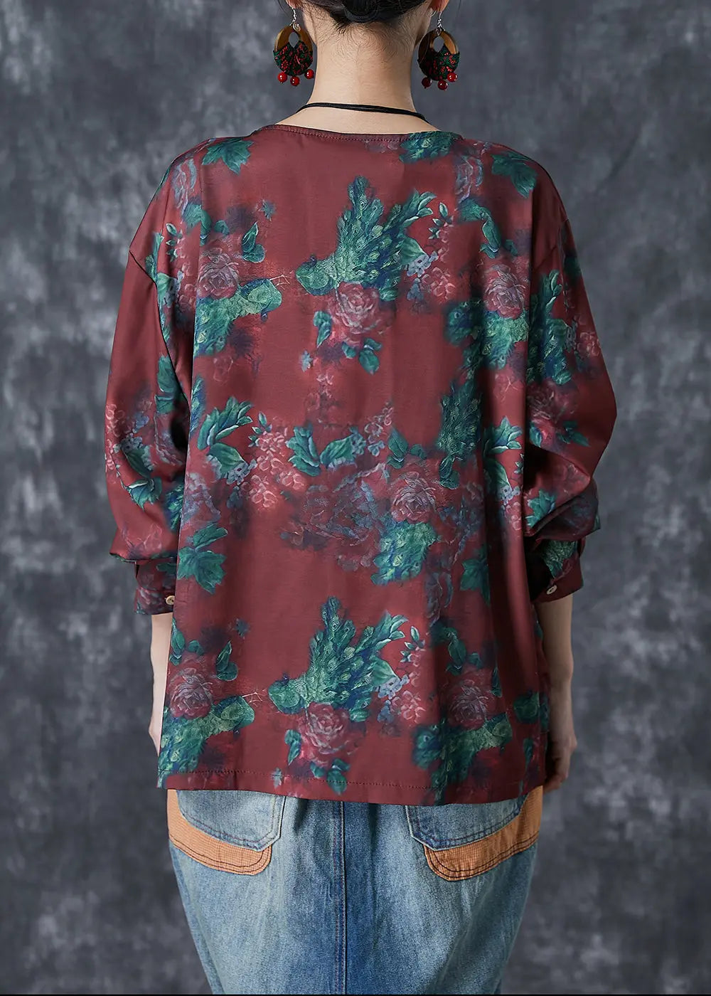 Plus Size Mulberry Chinese Button Floral Print Cotton Shirt Top Fall Ada Fashion