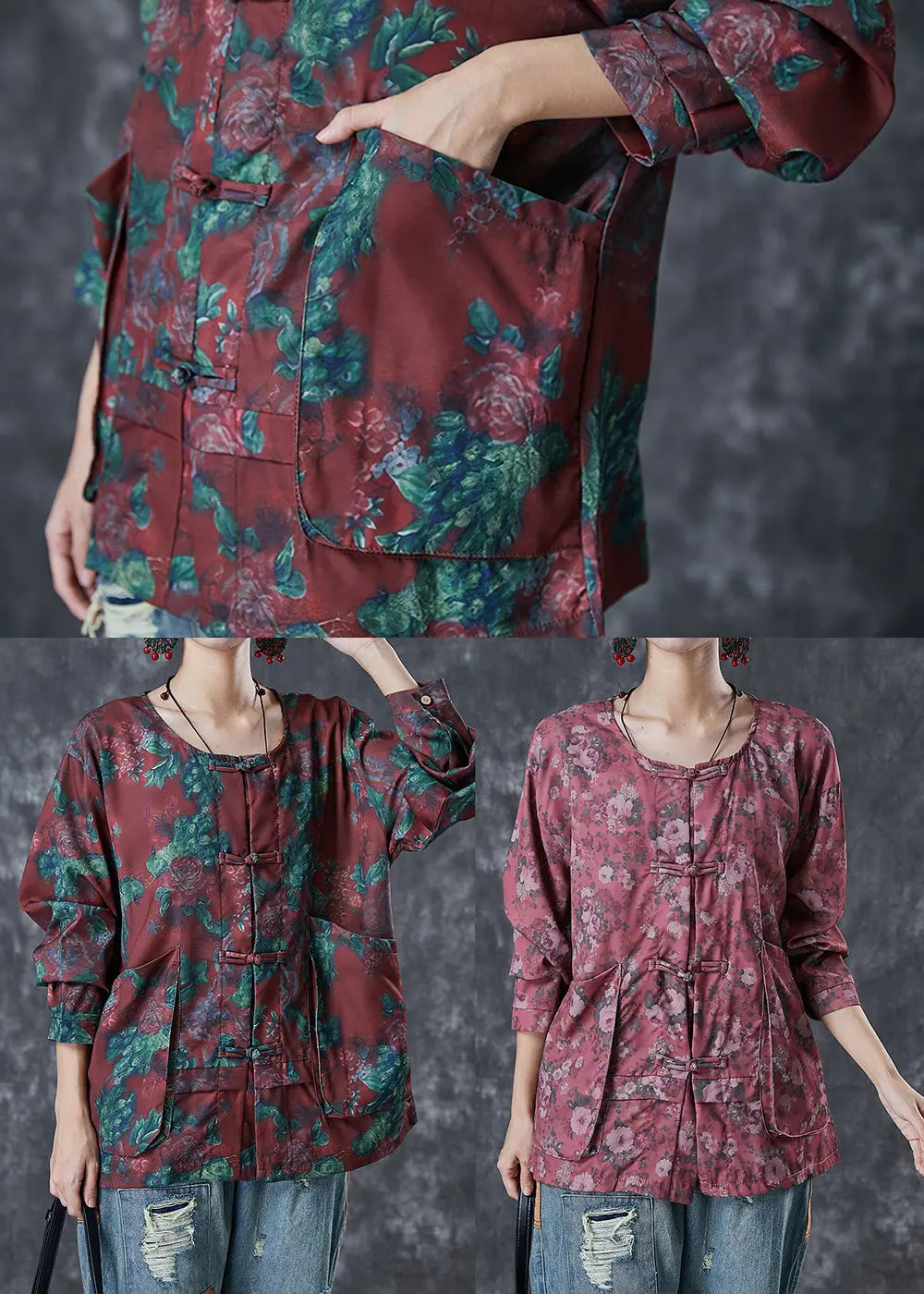 Plus Size Mulberry Chinese Button Floral Print Cotton Shirt Top Fall Ada Fashion