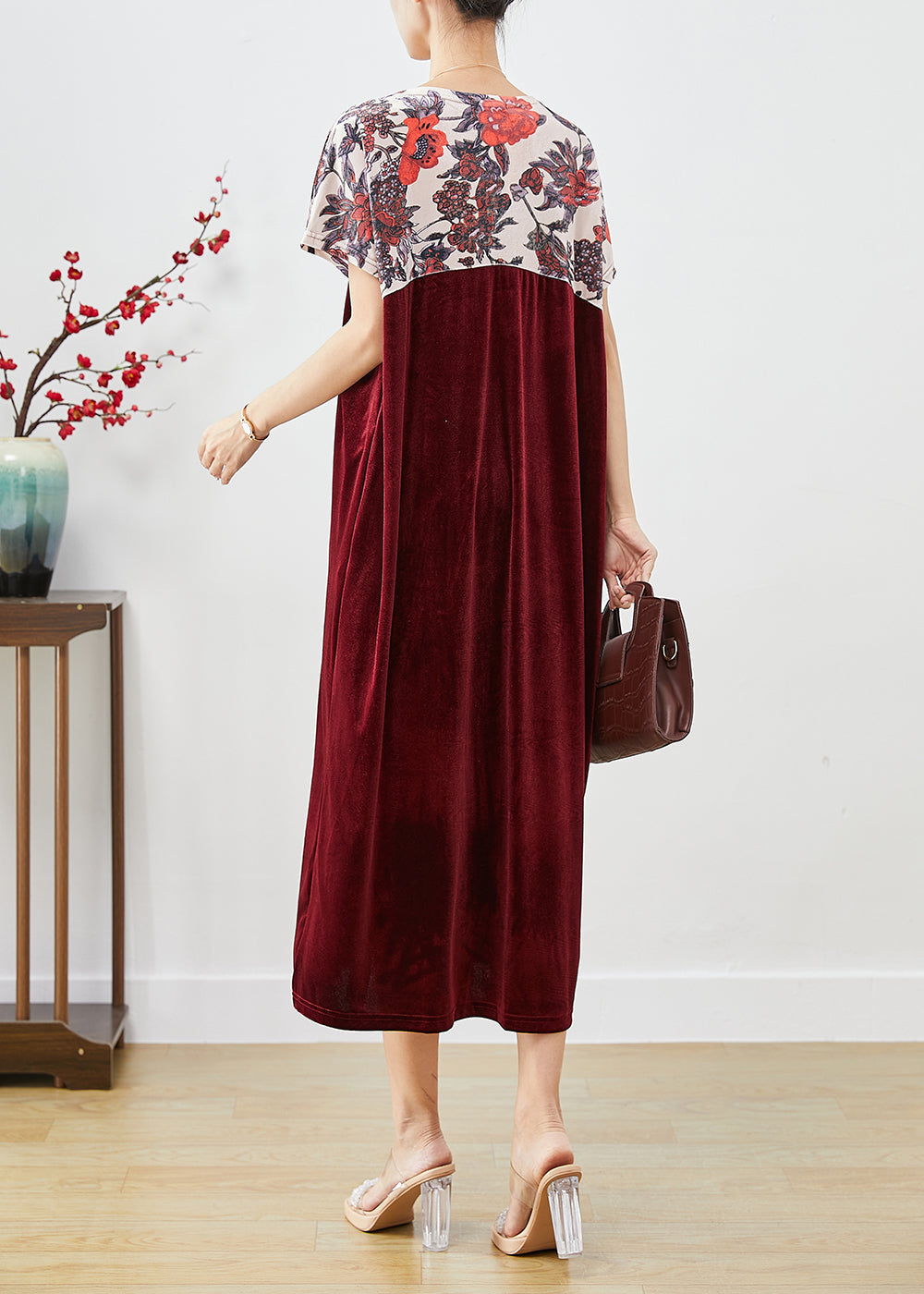 Plus Size Mulberry V Neck Patchwork Silk Velour Party Dress Short Sleeve Ada Fashion