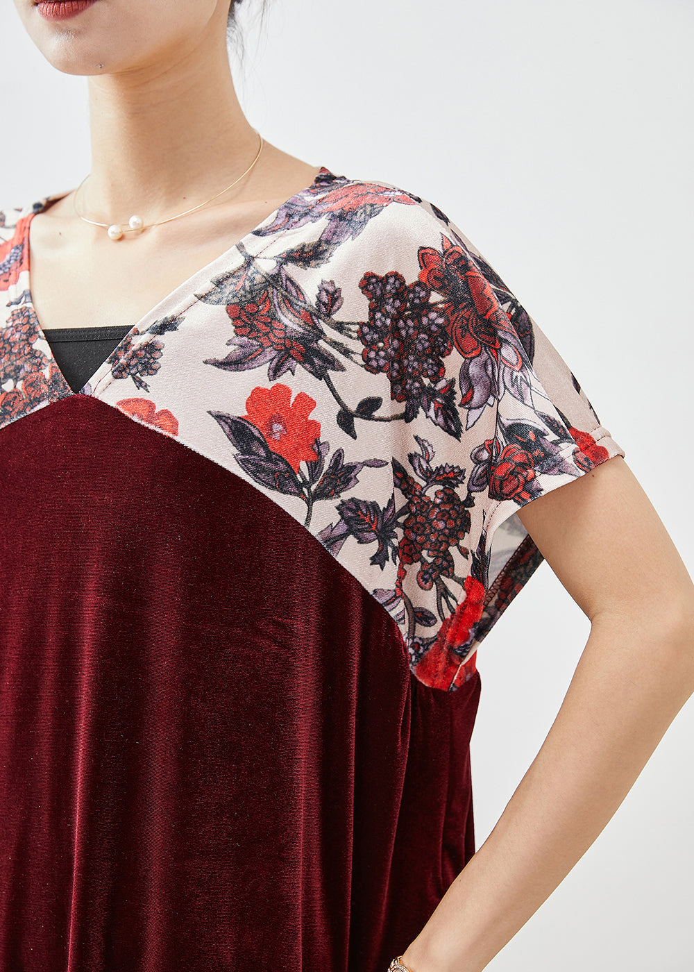 Plus Size Mulberry V Neck Patchwork Silk Velour Party Dress Short Sleeve Ada Fashion