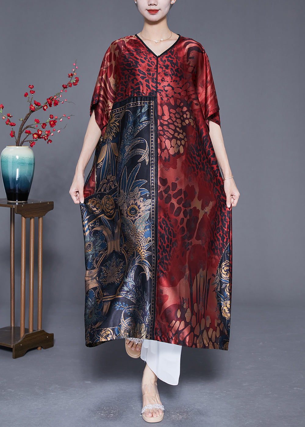 Plus Size Mulberry V Neck Print Silk Long Dress Summer LY4823 - fabuloryshop