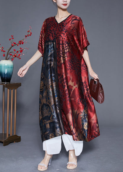 Plus Size Mulberry V Neck Print Silk Long Dress Summer LY4823 - fabuloryshop