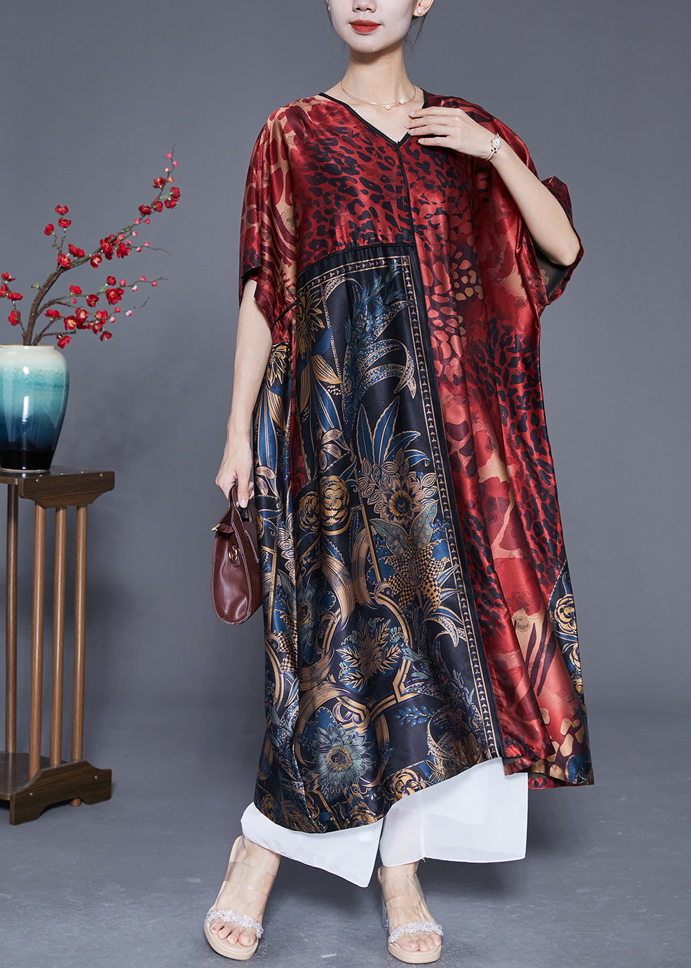 Plus Size Mulberry V Neck Print Silk Long Dress Summer LY4823 - fabuloryshop