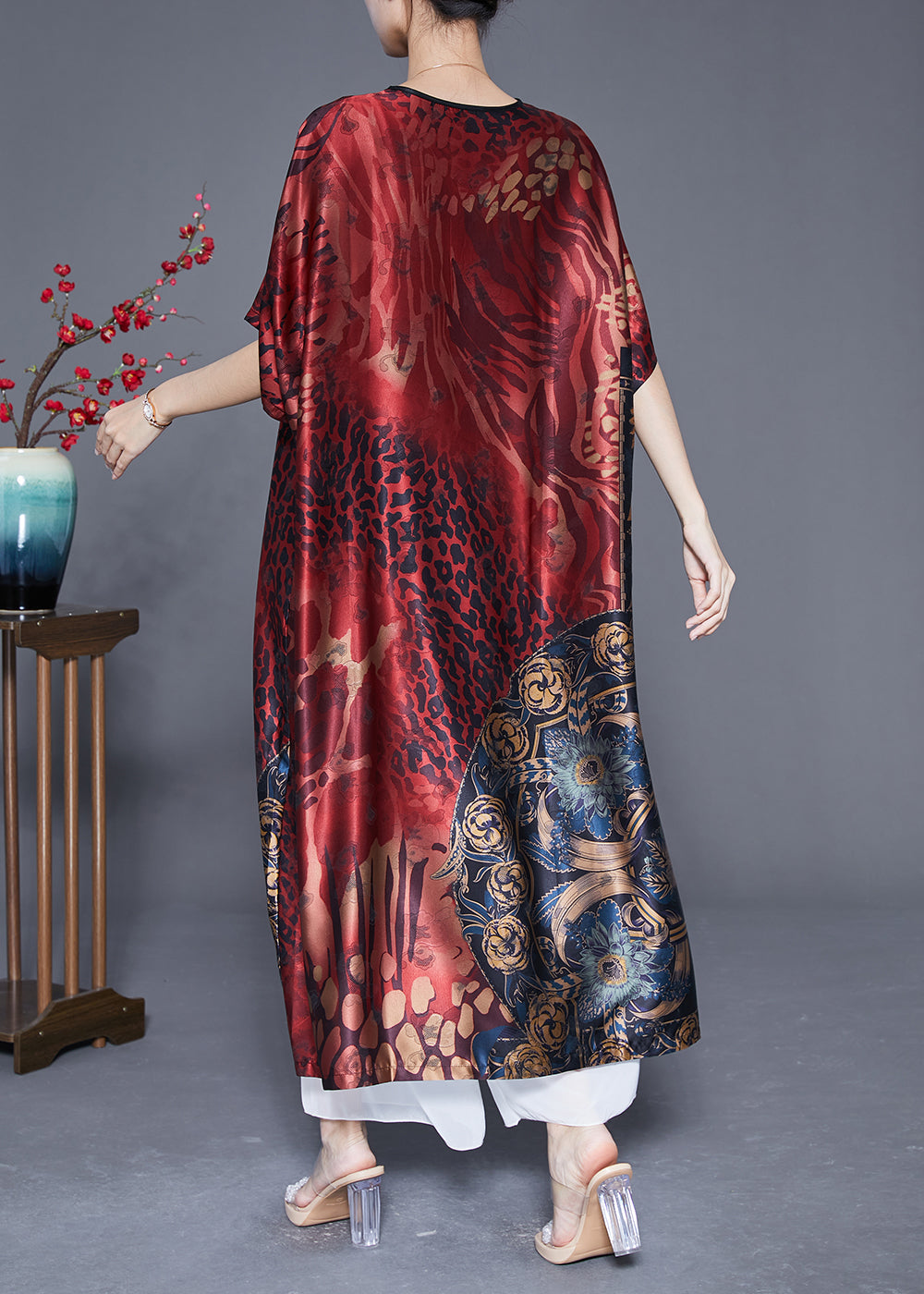 Plus Size Mulberry V Neck Print Silk Long Dress Summer LY4823 - fabuloryshop