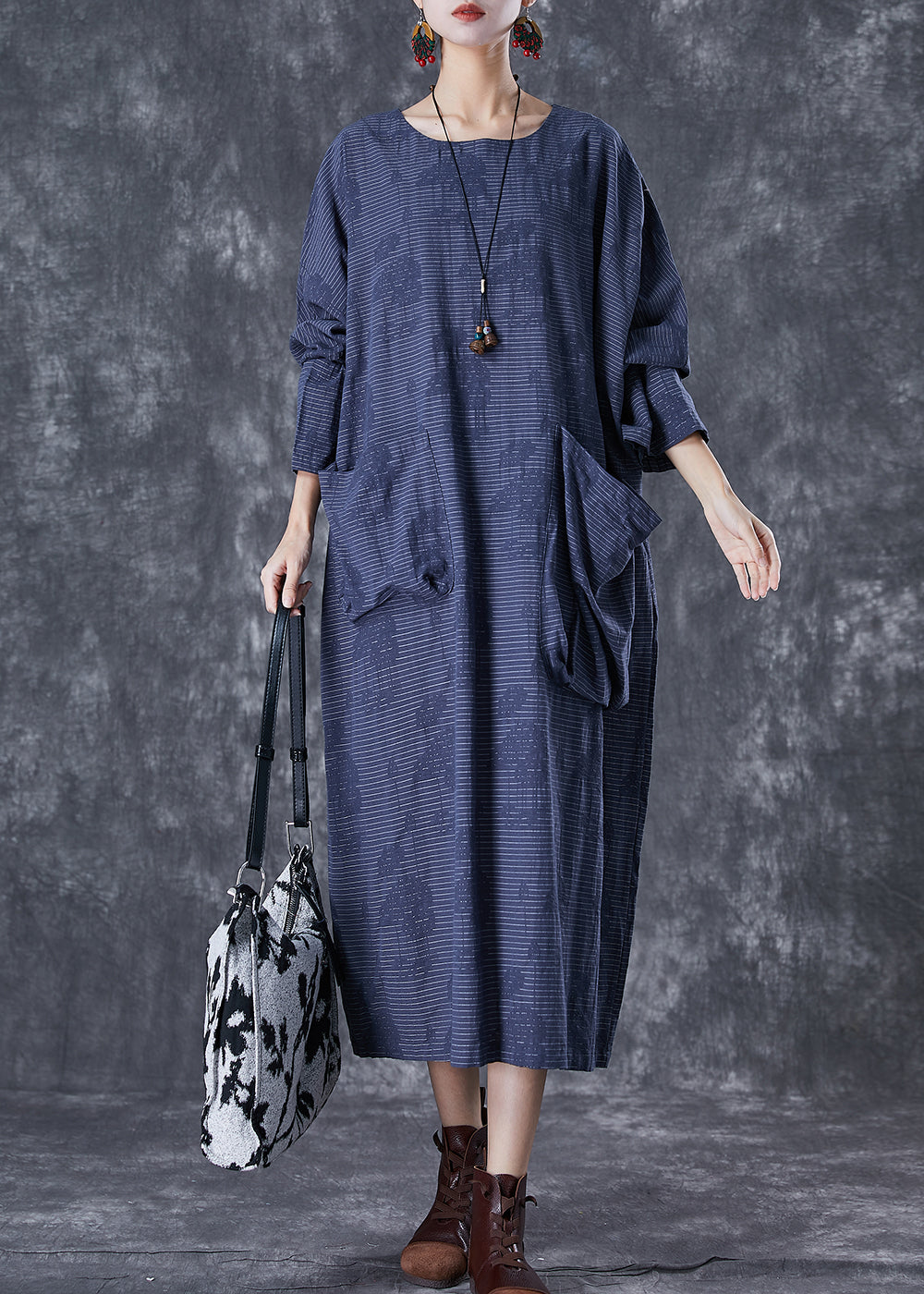 Plus Size Navy Asymmetrical Pockets Striped Linen Gown Dresses Fall TD1017 - fabuloryshop