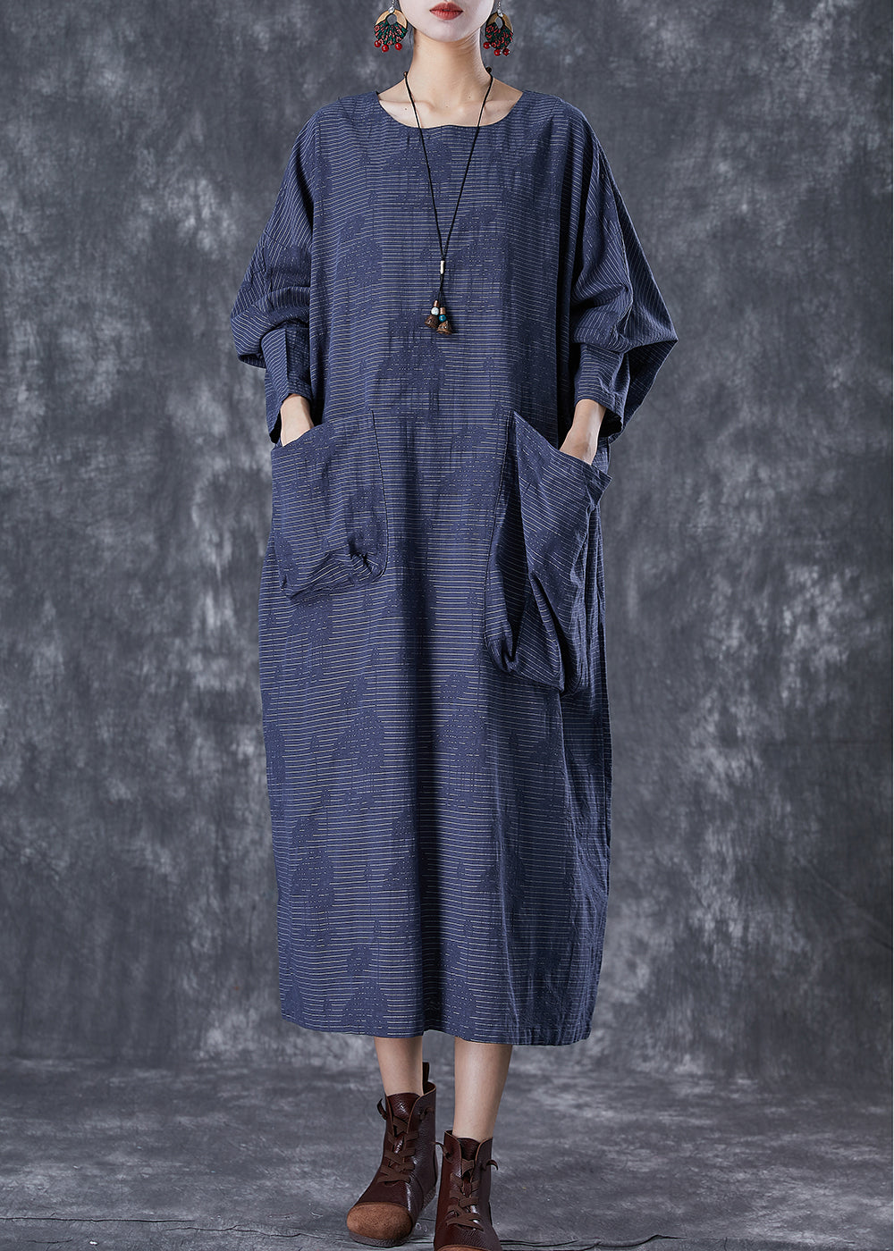 Plus Size Navy Asymmetrical Pockets Striped Linen Gown Dresses Fall TD1017 - fabuloryshop